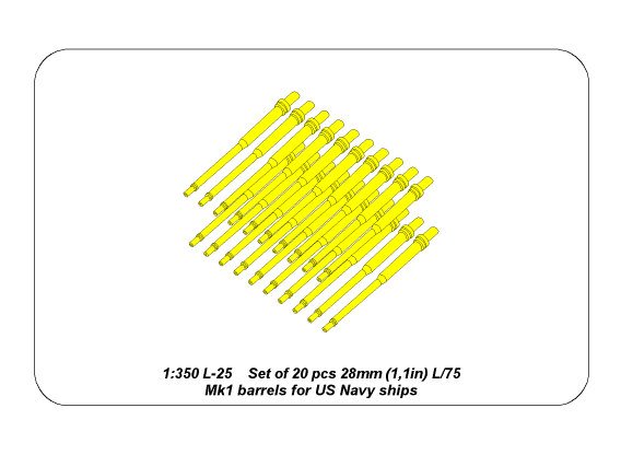ABR-1:350-L-25  Дополнения для  Set of 20 pcs 28 mm (1,1in) L/75Mk.1 barrels for US Navy ships для  1/350