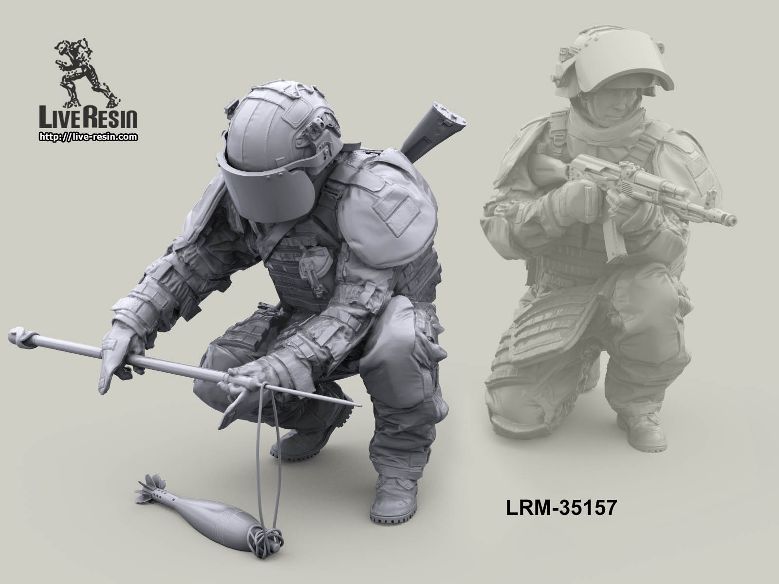 LRM35157 Современный Российский сапер в тяжелом костюме разминирования обезвреживает взрывное устройство (Не для свободной продажи) Live Resin