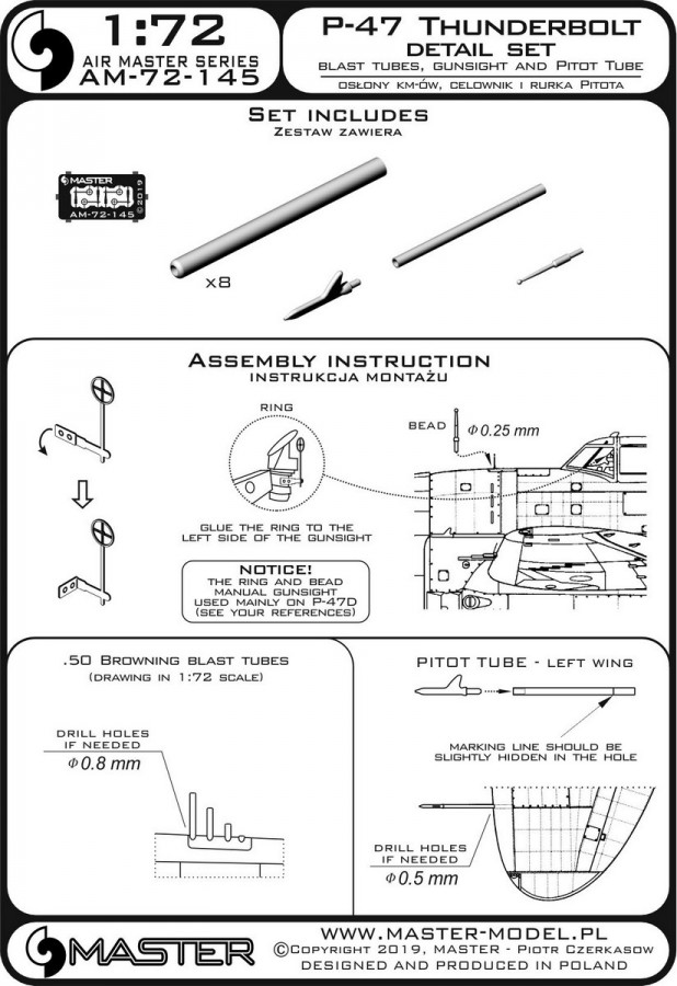 AM-72-145 P-47 Thunderbolt - набор деталей - взрывные трубы Browning .50, прицел и трубка Пито