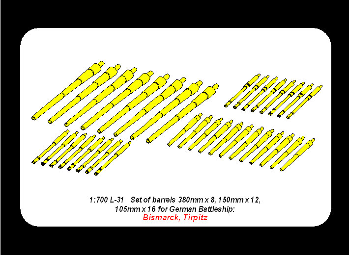 ABR-1:700-L-31  Дополнения для  Set of Barrels for Bismarck class battleships 380mm x 8; 150mm x 12; 105mm x 16  для  1/700