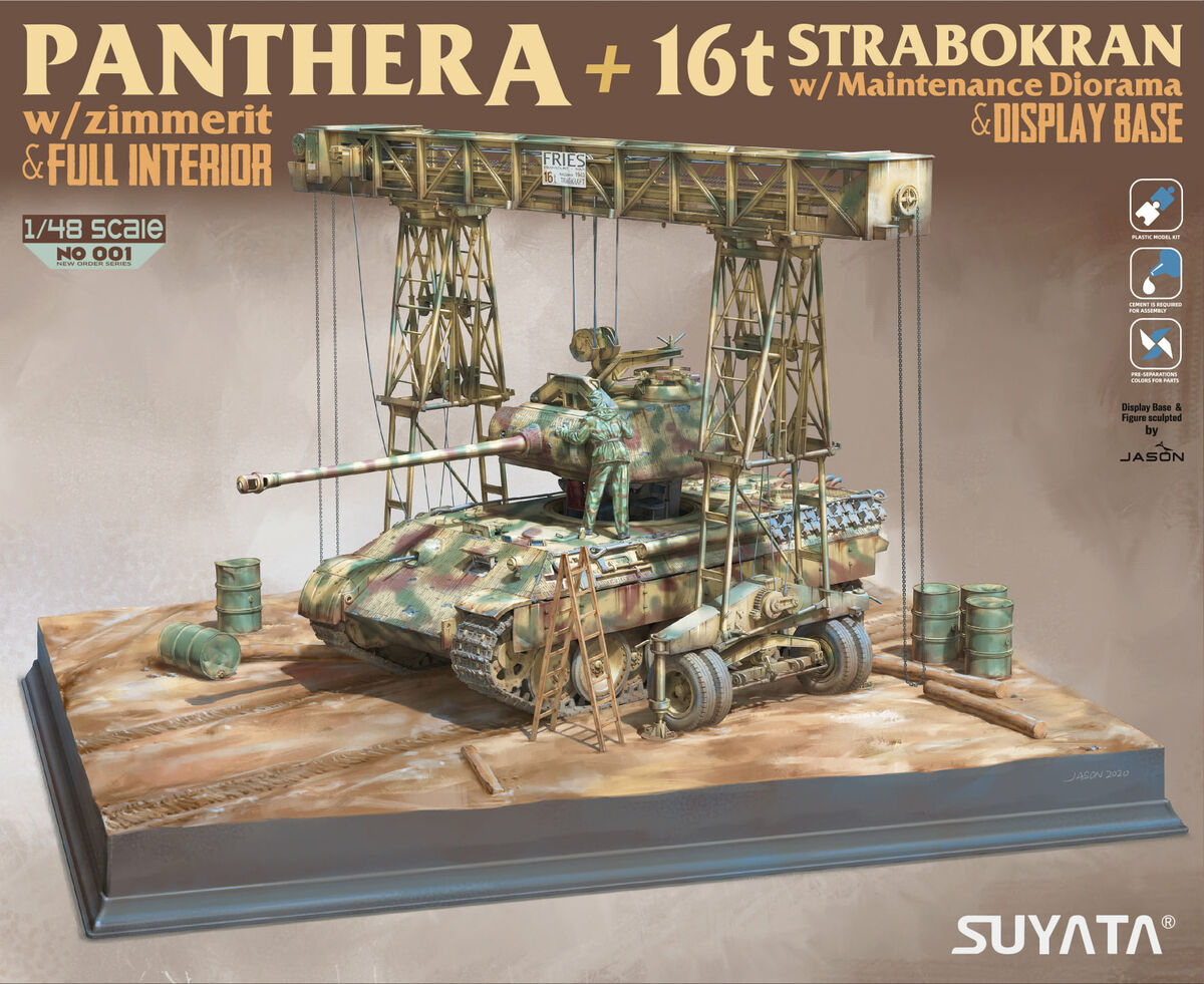 NO-001 Panther A w/ Zimmerit & Full Interior + 16t Strabokran w/ Maintenance Diorama & Display Base Suyata
